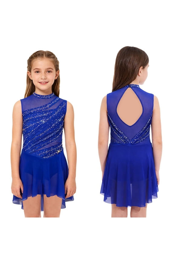 Girls Glittery Rhinestone Lyrical Dance Sleeveless Figure Ice Skating Dress Ballet Dancewear Blue 10