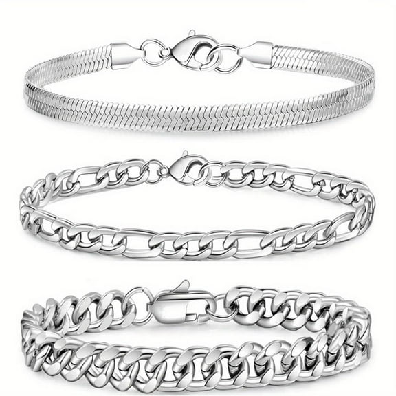 3 Pcs Chain Bracelet for Men Women, Stainless Steel Silver Cuban Herringbone Figaro Link Chain Wrist Bracelets Set Jewelry Gifts