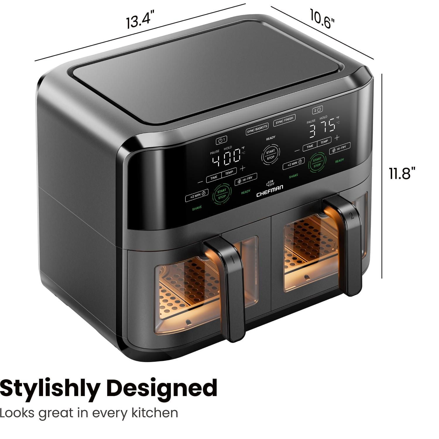 Friteuse à air numérique Chefman à deux paniers avec fenêtres Easy View, 2 paniers indépendants de 2,75L (3 pintes) - Noir, Nouveau