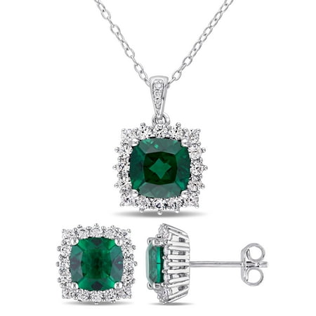 Tangelo 6-3/5 T.G.W. Created Emerald, Created White Sapphire and 1/10 Carat T.W. Diamond Sterling Silver 2-Piece Halo Pendant and Earrings Set