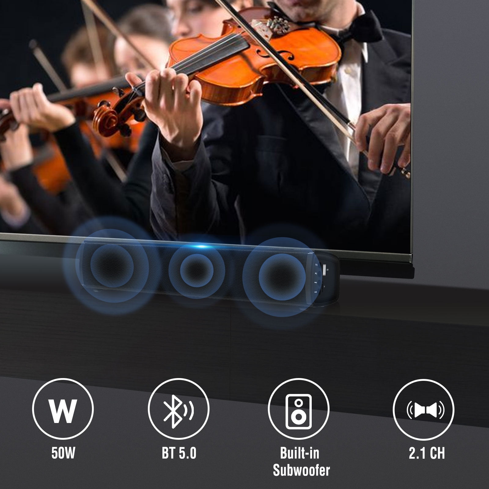GCZ 50W Bluetooth Sound Bar with Subwoofer, Optical Input, RCA, 3D Surround Home Audio TV Speakers
