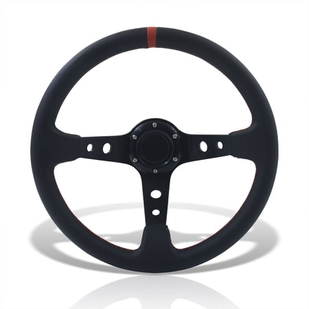 AJP Distributors Universal 350mm 14" 6-Bolt Hole Deep Dish Steering Wheel Black PVC Leather Red Stitching Pin Stripe Light Weight Aluminum 3 Spoke +Horn Button Replacement JDM Sport