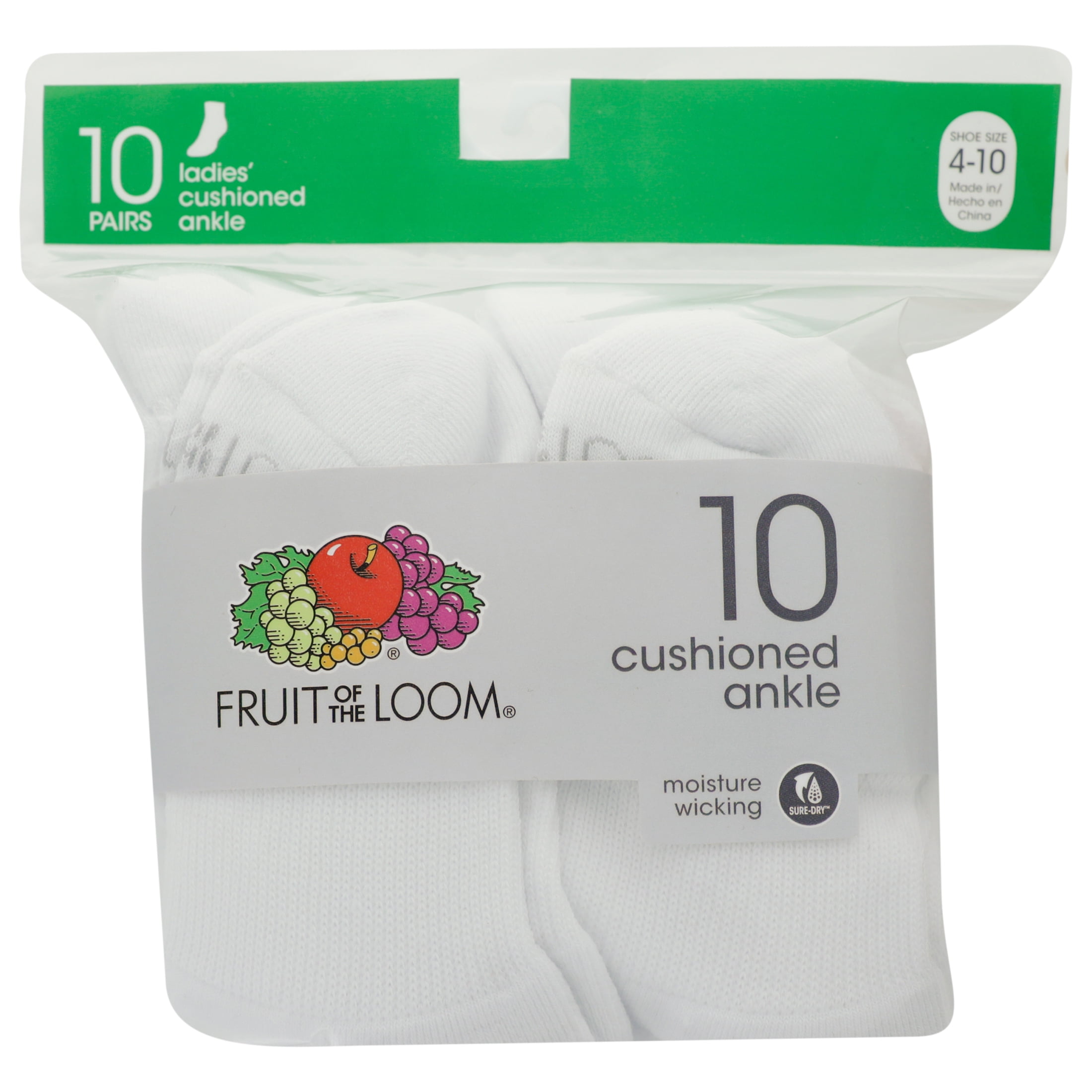 Fruit of the Loom Cushion Ankle Sport Socks for Women, White
