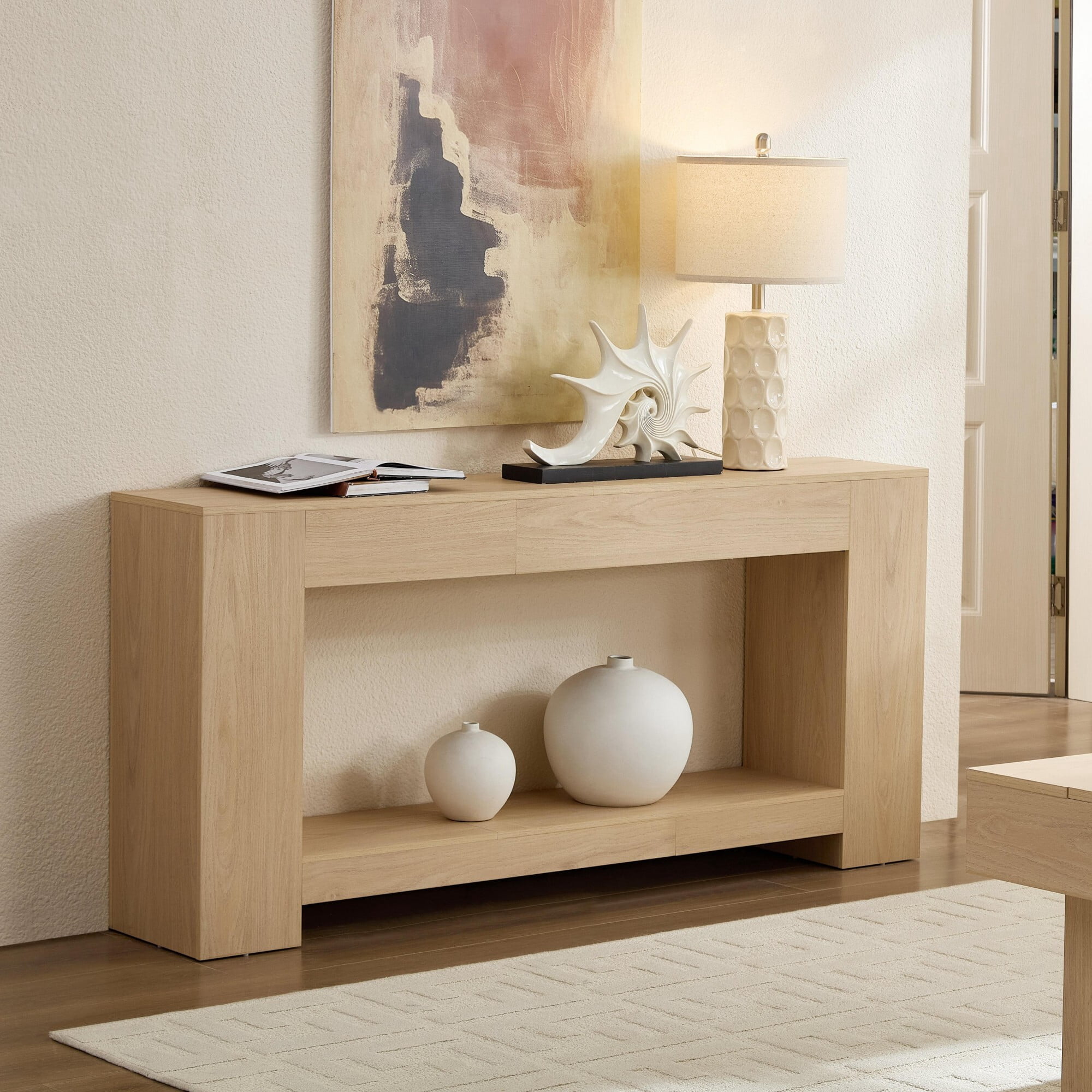 AENKYO 63" Farmhouse Console Table with Storage Shelf, Extra Long 2-Tier Sofa Table for Entryway, Light Oak