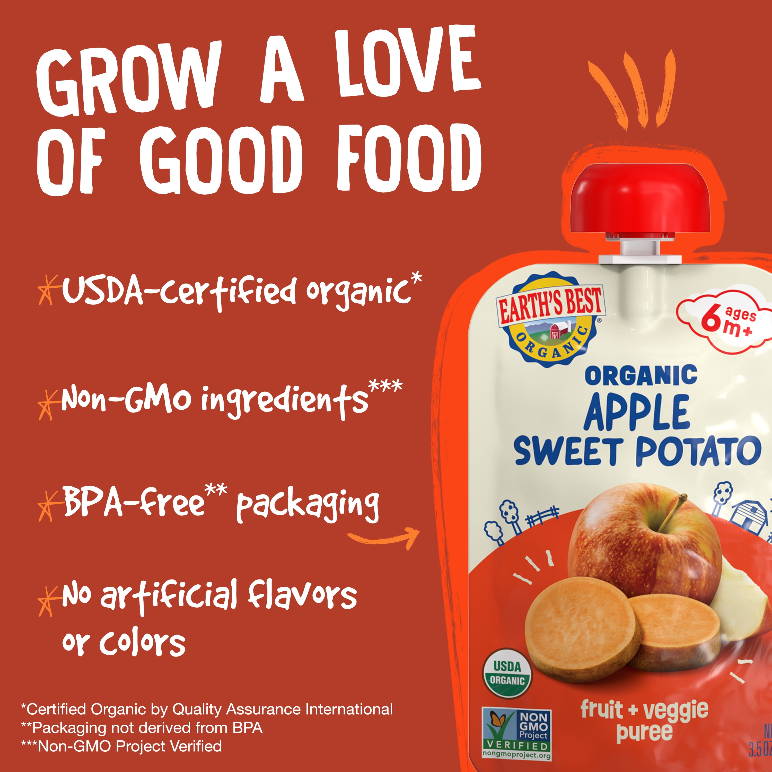 Earth's Best Organic Stage 2 Baby Food, Apple Sweet Potato Puree, 3.5 oz Pouch