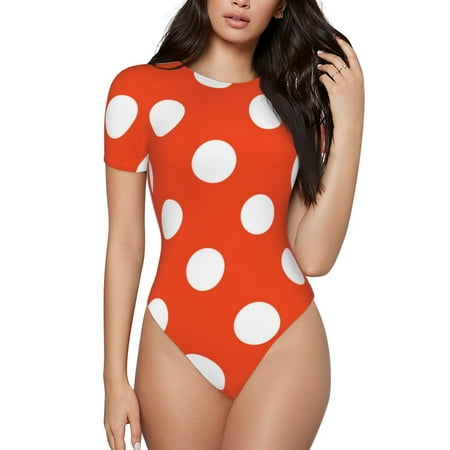 Gaeub Orange And White Polka Dot1 Print Women s Short Sleeve One Piece Swimsuit Sexy High-Waisted Bodysuit Bathing Suit for Swimming  Beach  Sports-XX-Large