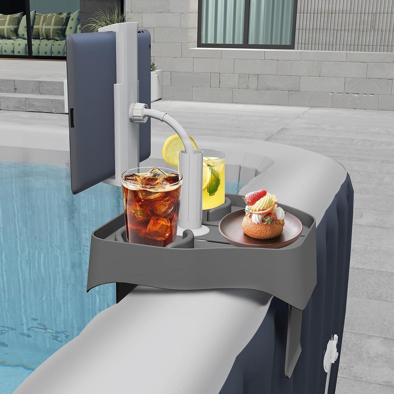 SSNTSY Hot Tub Tray Table, Clip-on Pool Cup Holder, Adjustable Tray with Phone Mount, Nonslip Spa Drink Tray for Outdoor Inflatable Pools/Spas Caddy Drink Tray, Must Have Hottub Accessories