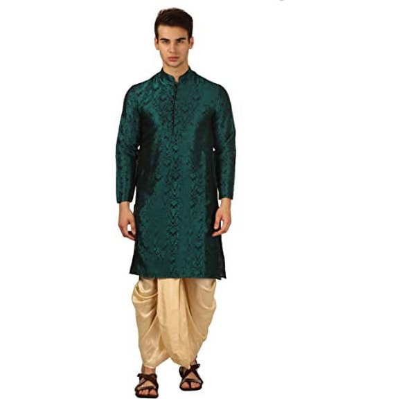 Royal Kurta Men's Jacquard Silk Dhoti Kurta (38, Green)