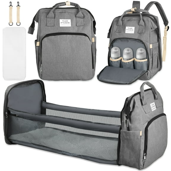 Diaper Bag Backpack,Multifunction Diaper Bag Backpack with Changing Station,Foldable Crib&Insulated Milk Bottle Pocket Large Capacity Baby Nappy Changing Bag Travel Backpack w/ Stroller Straps,Grey