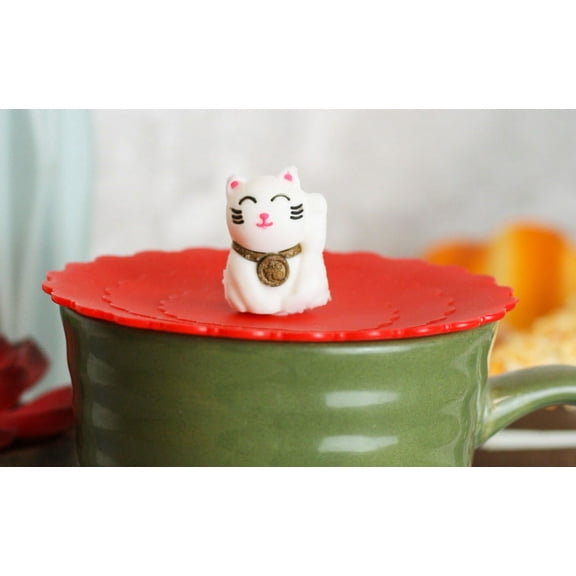 Set Of 4 Red Maneki Neko Cat Reusable Silicone Coffee Cup Cover Lids Air Tight
