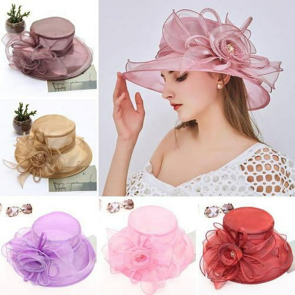 Shenmeida Ladies Sun Hat with Mesh Flower Decoration Wide Brim Hat Occasion Event Kentcky Derby Church Dress Hat