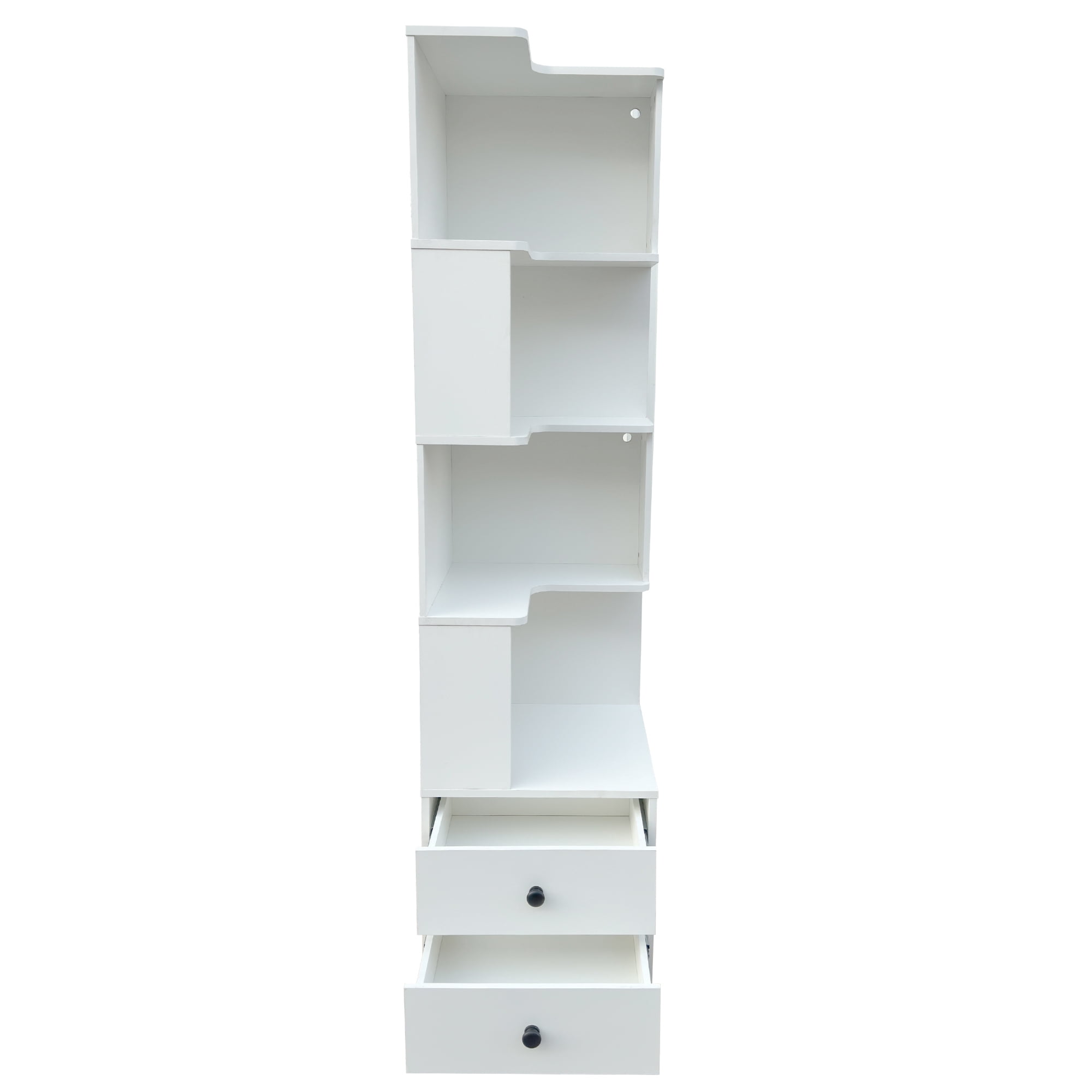 Leumius 4 Tier L Shaped Display Shelf Stand with Baffle and Drawers, Freestanding Corner Bookshelf Bookcase with LED Lights for Home Office Living Room Bedroom Kitchen White