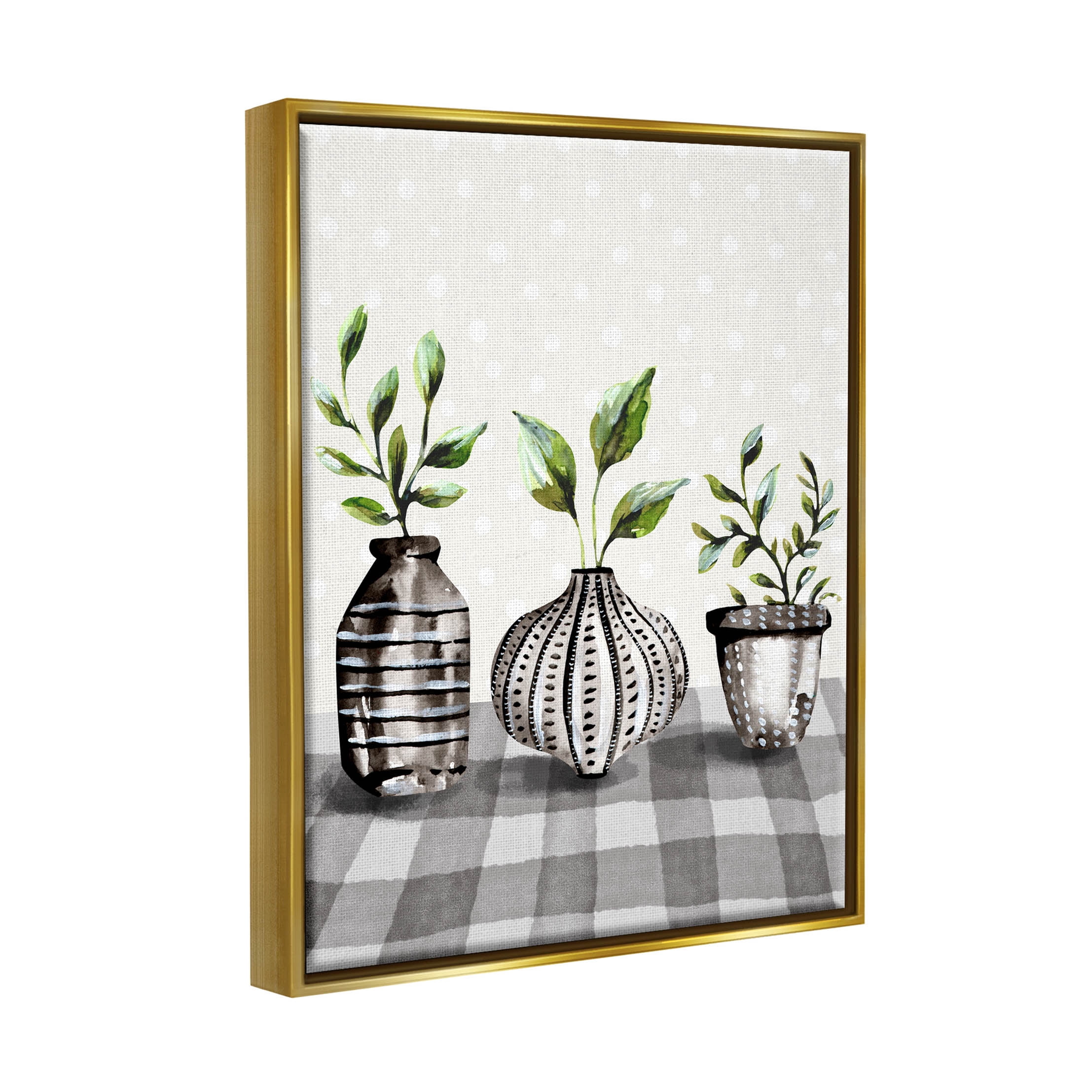 Potted Herbs Patterned Tartan Botanical & Floral Graphic Art Metallic Gold Framed Art Print Wall Art
