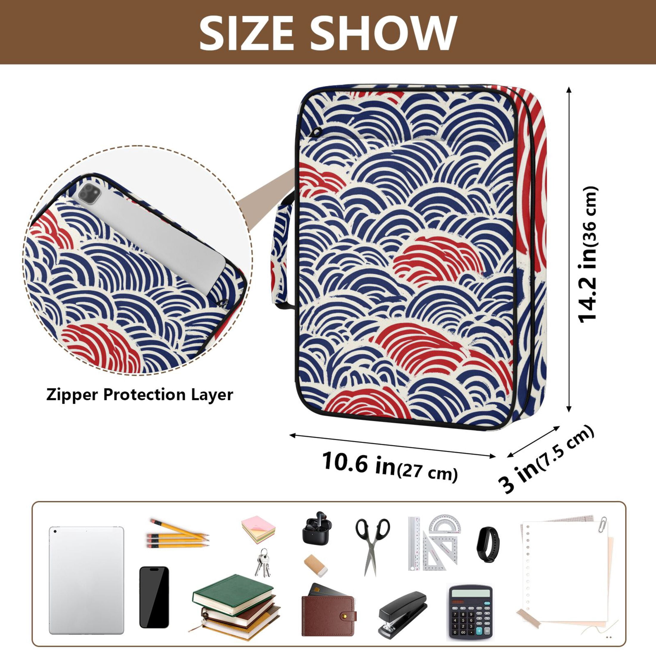 Haosy Accordion File Organizer Zipper Binder 500 Sheet 6-Tab Expanding File Folder Multi-Pocket 1.2 Inch 3 Ring Red Blue Japanese Wave