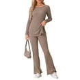 thumbnail image 2 of INSPIRE CHIC Women's Ribbed Knit Lounge Set Long Sleeves Top and Pants Pajama Sets Two Piece Matching Outfits Set S Brown, 2 of 5