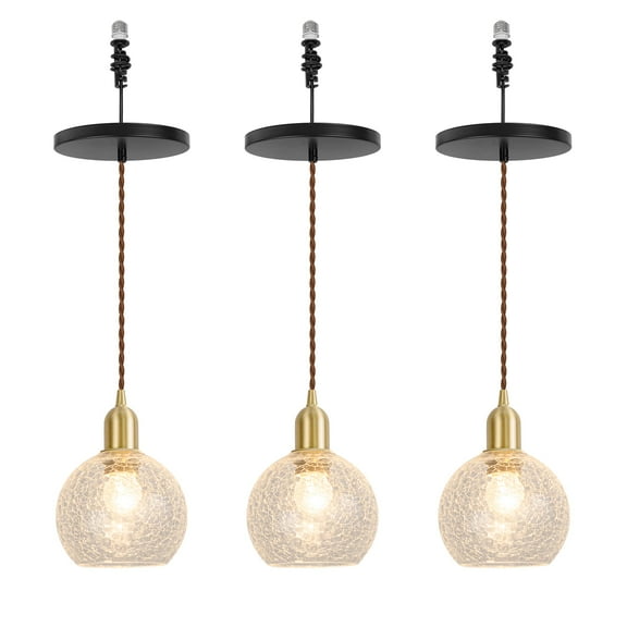 KAYYELAMP 3-Pack Crackled Glass Shade Hanging Light E26 Brass Base Adjustable Height Droplight Modern Design Pendant Light for Kitchen Island Sink Home Stairs