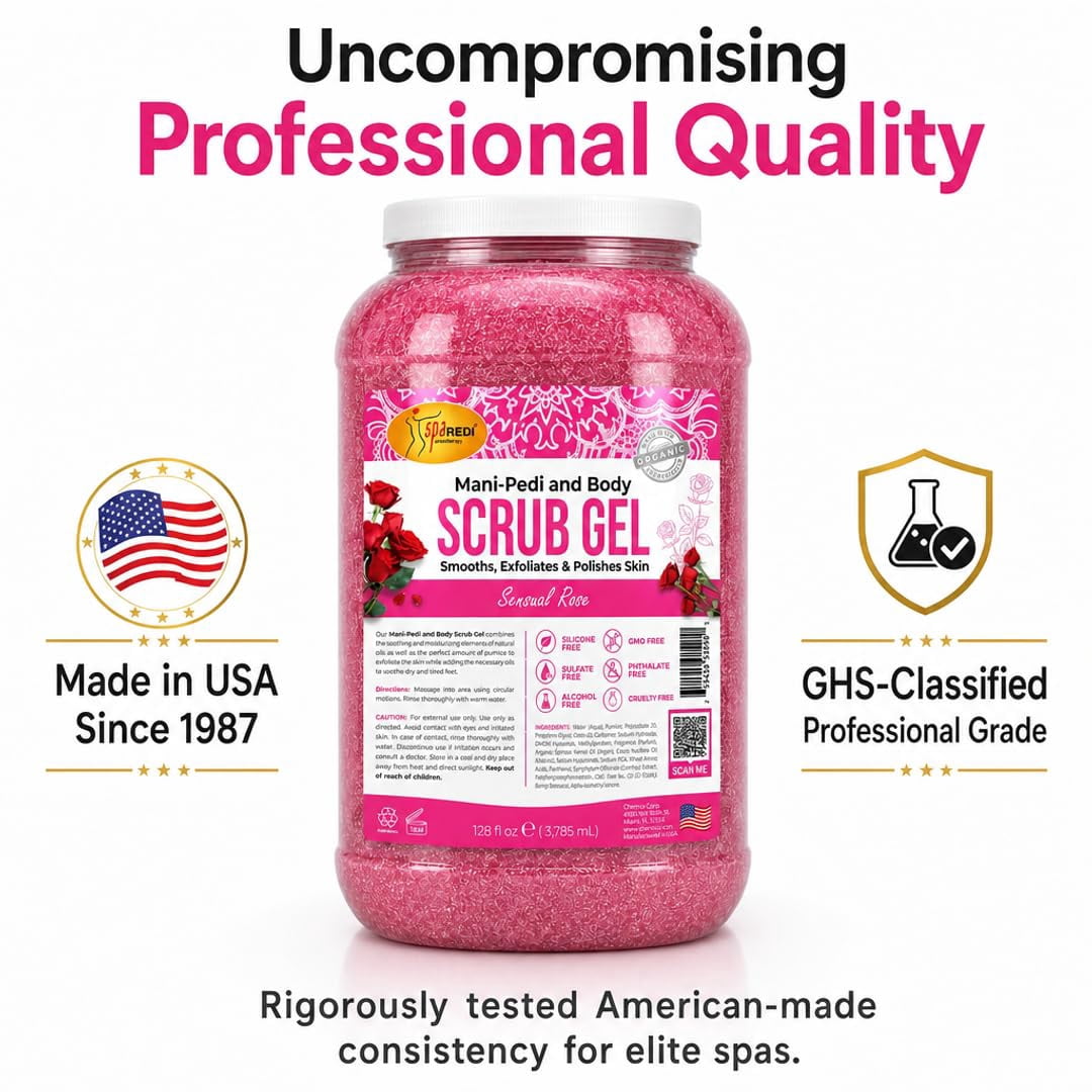 SPA REDI – Sensual Rose Pumice Scrub Gel, Exfoliating, Hydrating & Nourishing, Infused with Hyaluronic Acid, Amino Acids, Panthenol and Comfrey Extract for Glowy Smooth Skin – 128oz Gallon