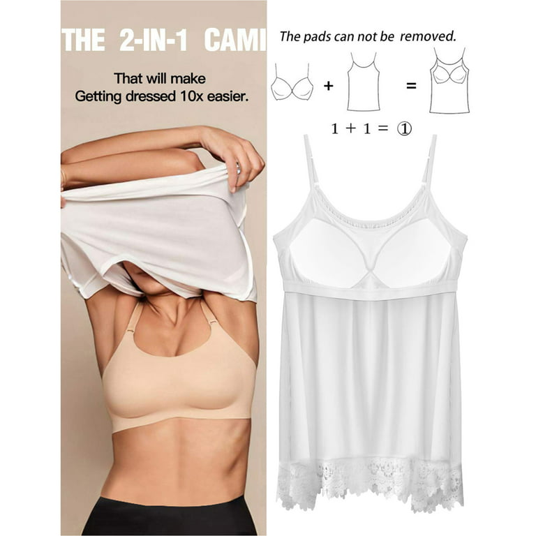 CARCOS Tank Tops with Built in Bras for Women Plus Size Summer Cami Swing  Lace Flowy Adjustable Spaghetti Strap Camisole Top White,2XL 
