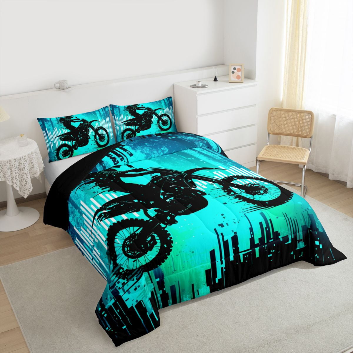 Feelyou Motorcycle Athlete Bedding Comforter Set for Boys, Dirt Bike Printed Twin Comforter Sets, Modern Extreme Sport Reversible Bedding Set, Lightweight Room Decor, 2-Piece