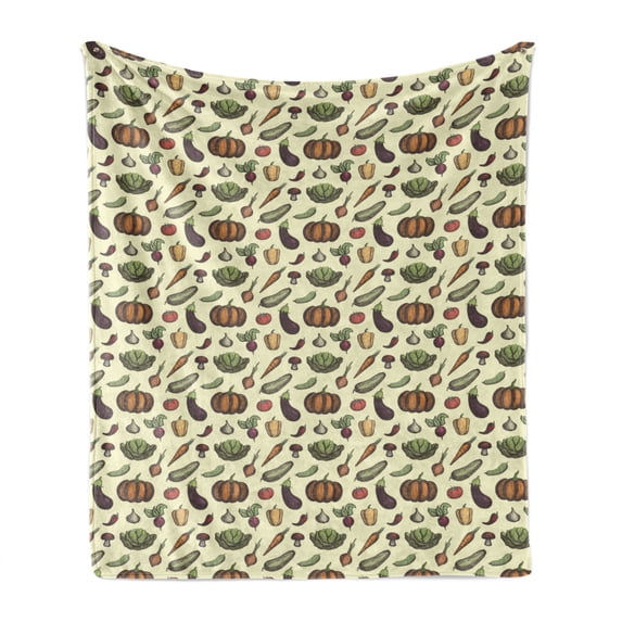 Vegetable Art Soft Flannel Fleece Throw Blanket, Hand Drawn Vegan Pattern Mushroom Radish and Pumpkin on Cream Background, Cozy Plush for Indoor and Outdoor Use, 60" x 80", Multicolor, by Ambesonne