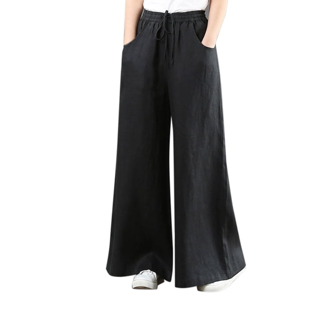 Pantalones palazzo de algodón y lino de cintura alta para mujer, con bolsillos, pantalones informales para estar por casa.