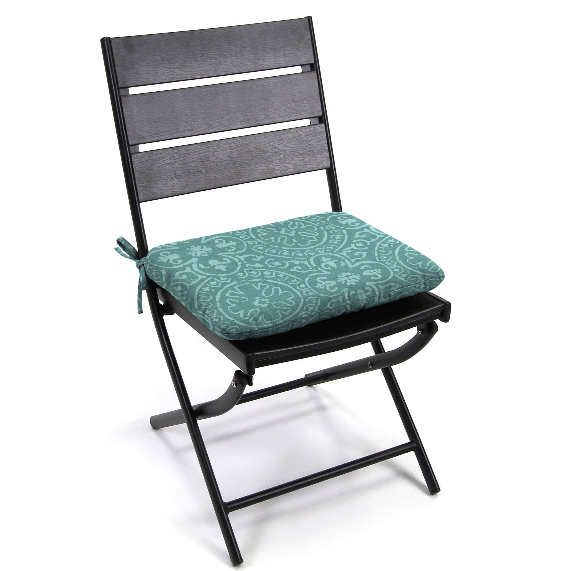 Jordan Manufacturing 18" x 19" Quasi Zinc Turquoise Geometric Rectangular Knife Edge Outdoor Chair Pad Seat Cushion with Ties
