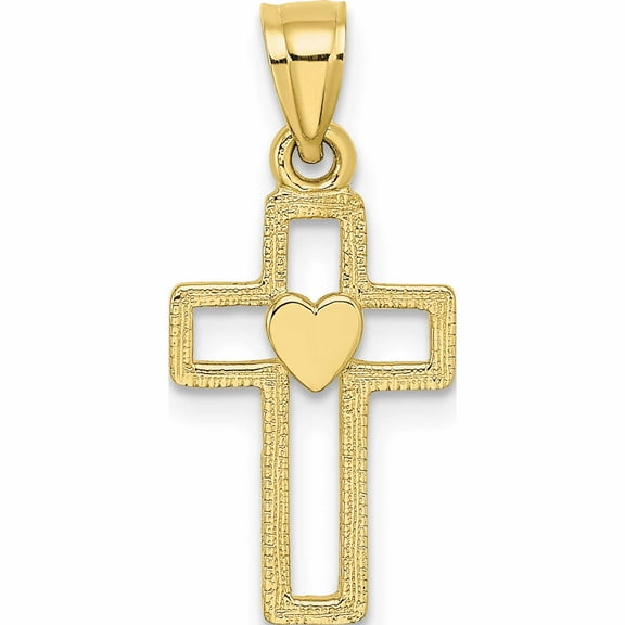 10K Yellow Gold Cut-Out Cross With Heart Charm (15.5 X 10) Made In United States -Jewelry By Sweet Pea