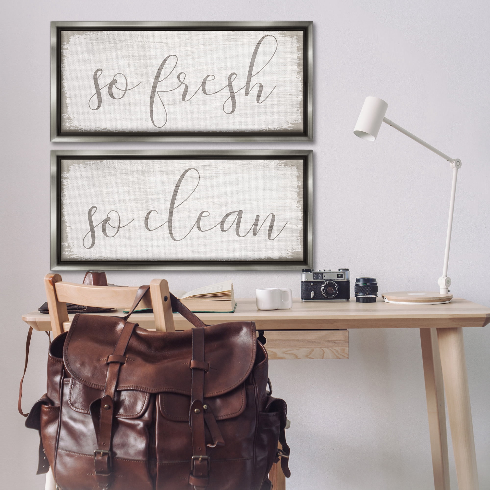 Stupell Industries Rustic White So Fresh So Clean Typography Painting Gray Floater Framed Canvas Art Print Wall Art, 31 x 14, Set of 2