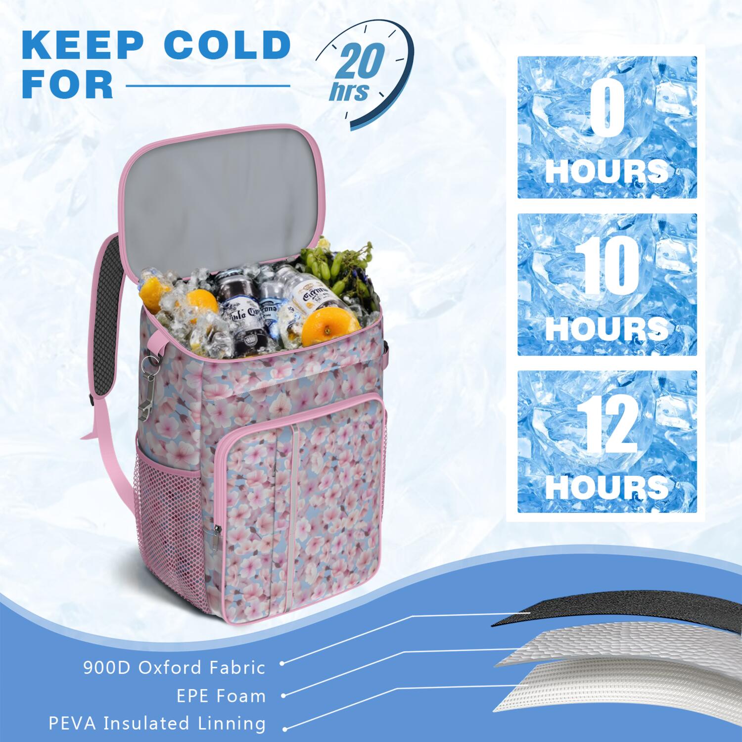Travel Cooler Bag - Pioneer Flower Floral Print Pattern Camping Beer Cooler Backpack with Bottle Opener- Waterproof Insulated Picnic Backpacks - Cooler Bag for Beach