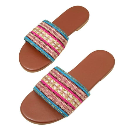 

Dpityserensio Women s Summer Sandals Ethnic Style Embroidery Flat Slippers Round-toe Casual Beach Slippers Hot Pink 6(37)