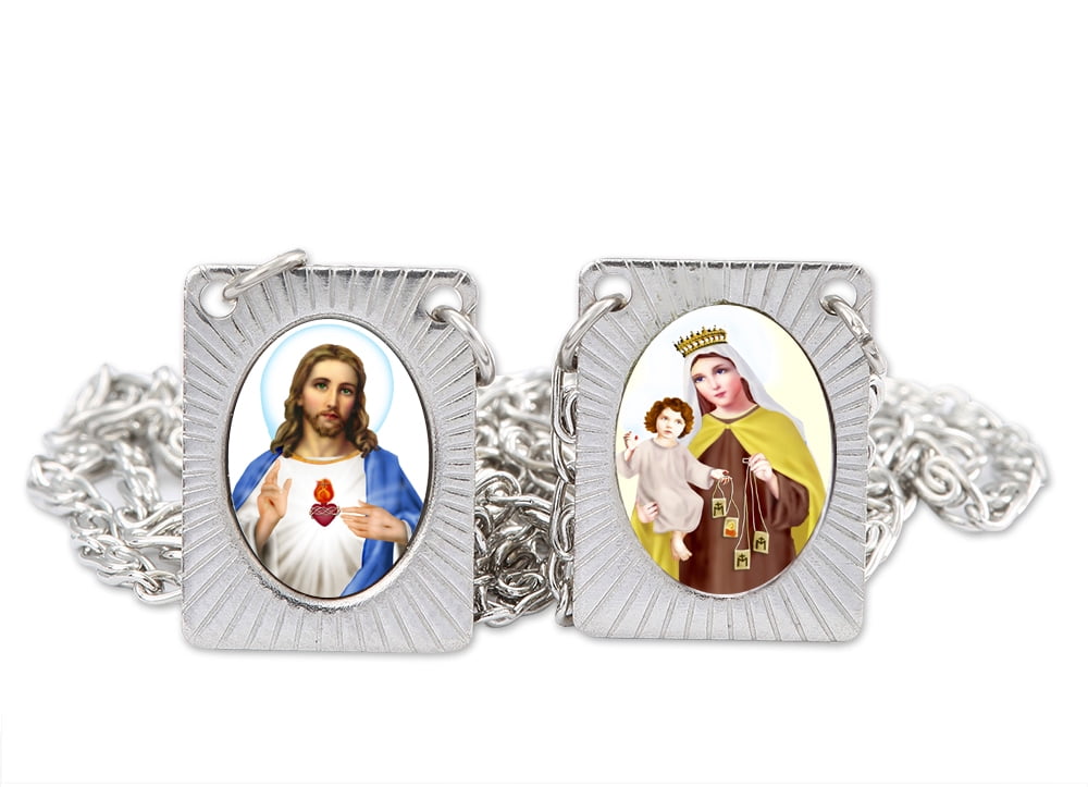 Stainless Steel Catholic Scapular by Catholica Shop, Medals of Sacred Heart of Jesus and Our Lady of Mt. Carmel, 14 Inch