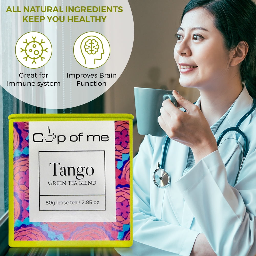 Cups of Me Green Tea, Tango Loose leaf Tea, Caffeinated Herbal Tea with Hibiscus, Blueberry 2.85 oz