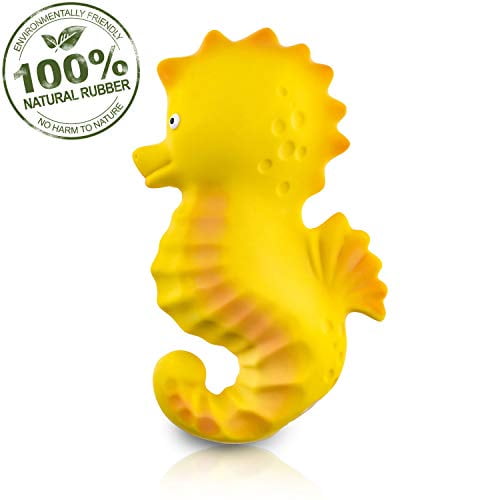 Pure Natural Rubber Baby Bath Toy - Nalu the Seahorse - Without Holes BPA PVC Phthalates Free All Natural Textured for Sensory Play Sealed Bath Rubber Toy Hole Free Bathtub Toy for Babies