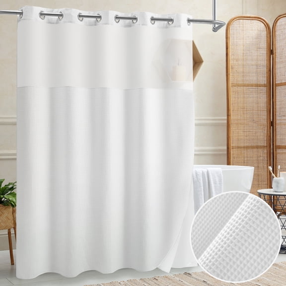 Barossa Design Waffle Weave Shower Curtain with Snap-in Fabric Liner, No Hook Needed, Mesh Window, White -71" x 74"