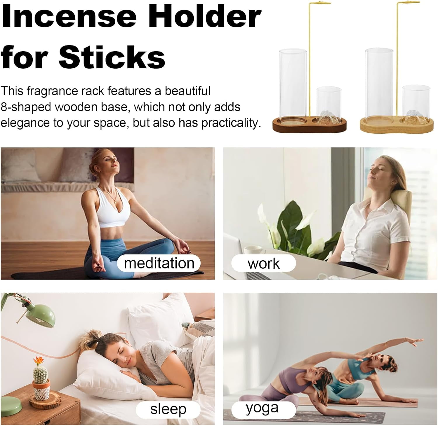 2-in-1 Glass Incense Holder for Sticks, Wooden Incense Burner with Ash Catcher & Incense Storage, Anti-Ash Flying Incense Stick Holder for Meditation, Yoga, Spa, and Home Decor(Natural Wood)