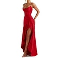 thumbnail image 2 of Women'S V-Neck Sleeveless Satin Ruffle Hem Tight Long Casual Open Back High Slit Cocktail Dress Red S, 2 of 9