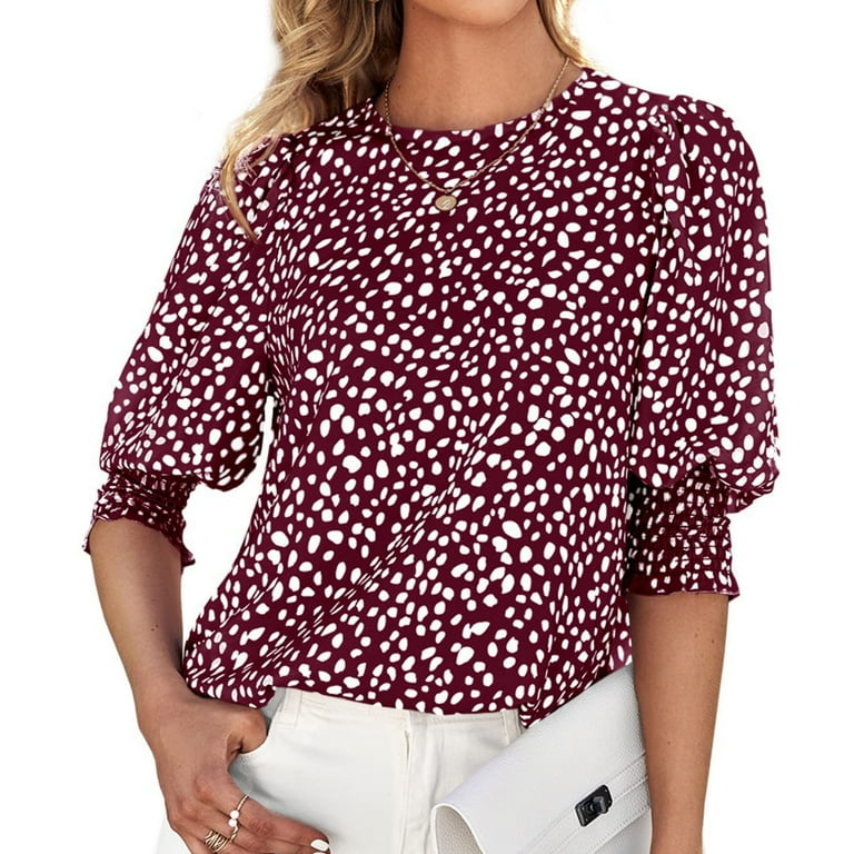 Lovskoo 2024 Women Floral Print Tops Trendy Summer Round -Neck Short Sleeve  Top Blouse Burgundy 