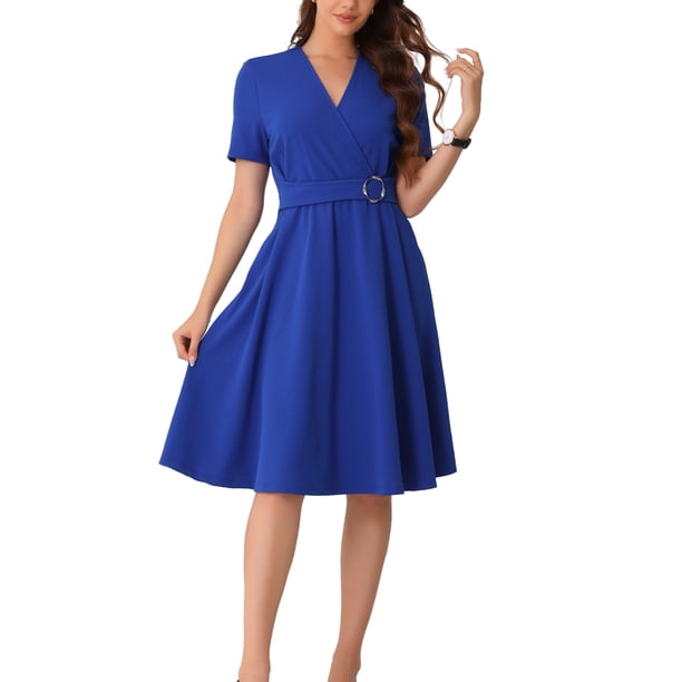 INSPIRE CHIC Vestido de Negocios A-Line Elegante de Manga Corta con Escote en V para Mujeres en Azul Real