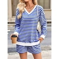 thumbnail image 3 of Women'S Striped Sets 2 Piece Outfits Long Sleeve Sweatshirt and Shorts Set Blue XL, 3 of 8