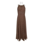 Adrianna Papell Halter Neck Sleeveless Tie back Zipper Back Multi Print Chiffon Dress-BROWN IVORY / 4