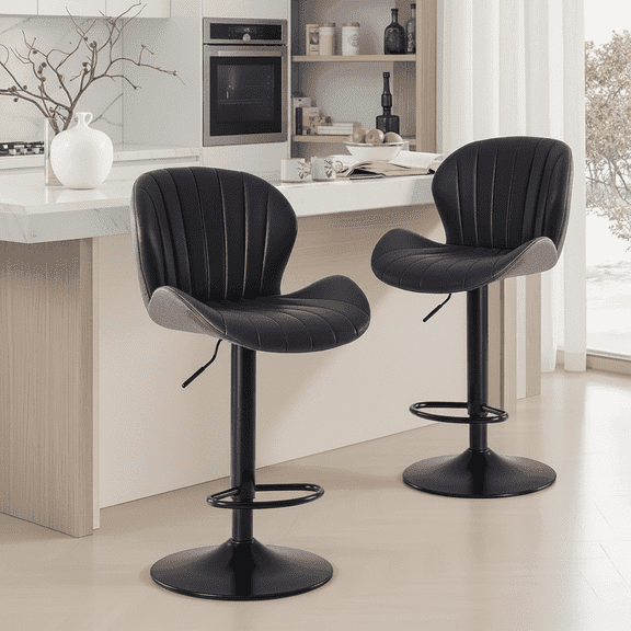 CONCETTA Set of 2 Swivel Bar Stools, Adjustable Height Modern Fabric Upholstered Barstools Counter Bar Chairs with Backrest for Kitchen Island & Home Bar, Black