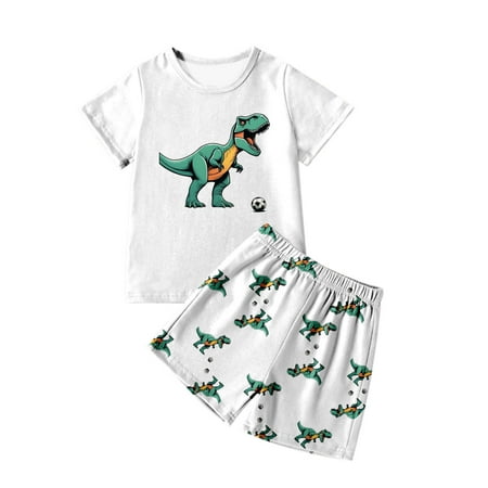 Bjutir Kids Boys Outfit Set Dinosaur Print Short Sleeve Crew Neck T Shirt With Shorts Outfit Summer Smooth Toddler Boys Set Size 6-7 Years White