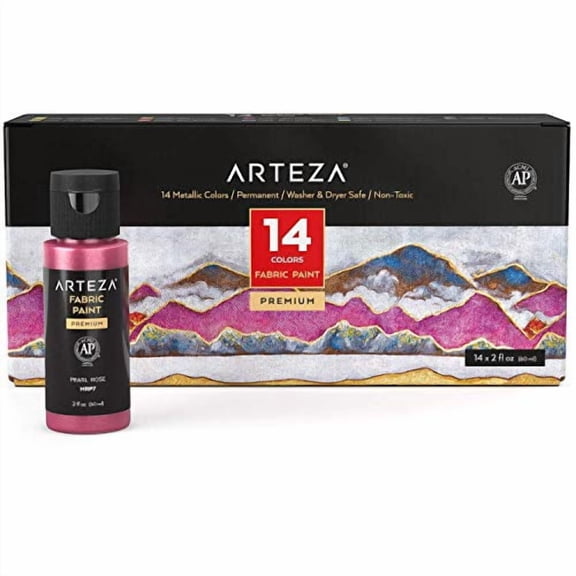 Arteza Metallic Fabric Paint, 60 ml Bottles, Set of 14 Permanent Colors, Washer & Dryer Safe, Textile Paint for Clothes, T-Shirts, Jeans, Bags, Shoes, DIY Projects & Canvas