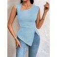 thumbnail image 5 of Womens Asymmetric Neck Slim Fit Cropped Solid Color Tshirt Elegant Basic Top Casual Chic Tee Light Blue S, 5 of 9