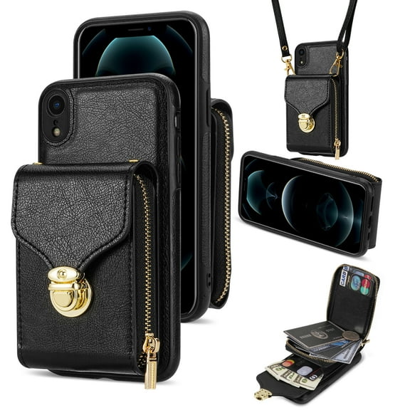 Allytech Case for iPhone XR, [Large Capacity] Wallet Case with Card Slots & Zipper Pocket, Premium PU Leather Metal Snap Kickstand Shockproof Case with Shoulder Strap, Black