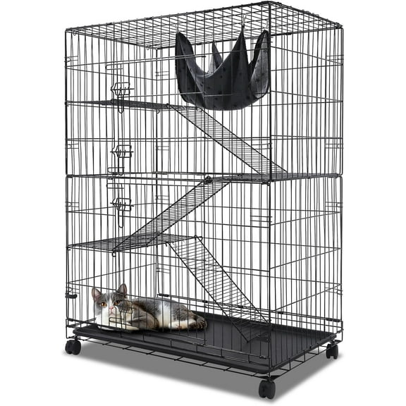 Homey Pet 51 Inch Cat Cages Indoor, Large 4-Tier Cat Crates for Indoor Cats, Collapsible Metal Wire Cat Enclosures Big Kennel for Adult Cats Kitten  with Hammock, Ladders, 360° Wheels