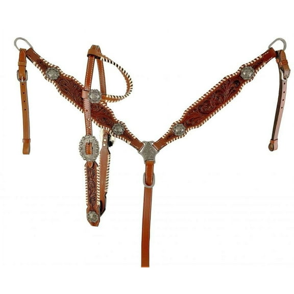 Showman Leather Single Ear Headstall & Breast Collar Set w/ Floral Tooling & Reins