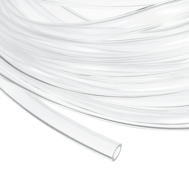 tubo transparente uxcell, 5 mm id x 7 mm od - tubo de vinilo ligero de 15 pies, manguera de plástico flexible transparente para transferencia de aire, aceite y agua, riego de acuarios: rollo desenrollado con extremo hueco visible; tubo de PVC claro 5 mm (0.2") id y 7 mm (0.28") od, pared 1 mm, superficie interior lisa y exterior transparente para monitorizar flujo; flexible y fácil de cortar; adecuado para acuarios, bombas de agua y líneas de aire, y suele usarse también para sifones y proyectos de bricolaje en jardín.