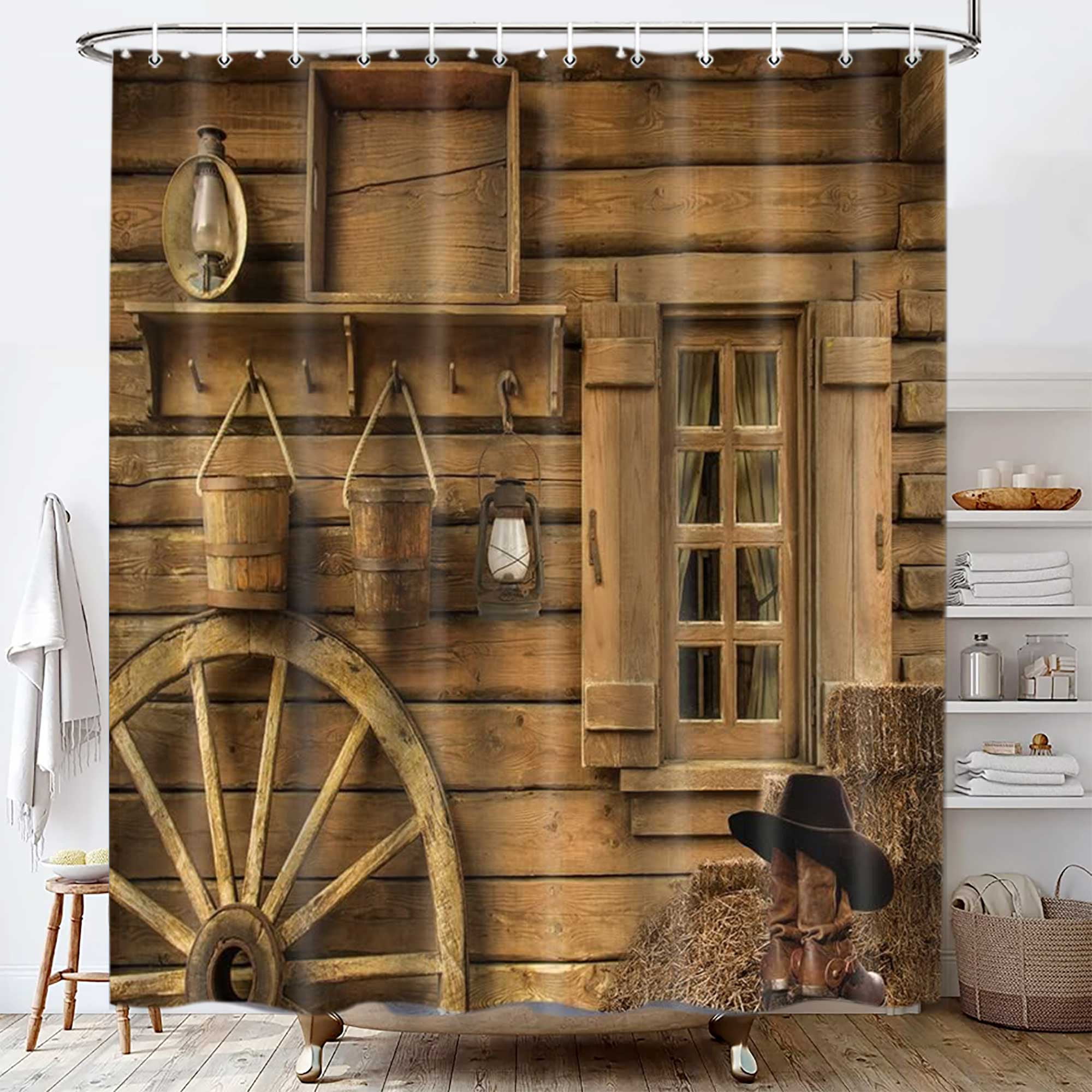 Rustic Barn Door Shower Curtain,Western Cowboy Themed Bathroom Decor