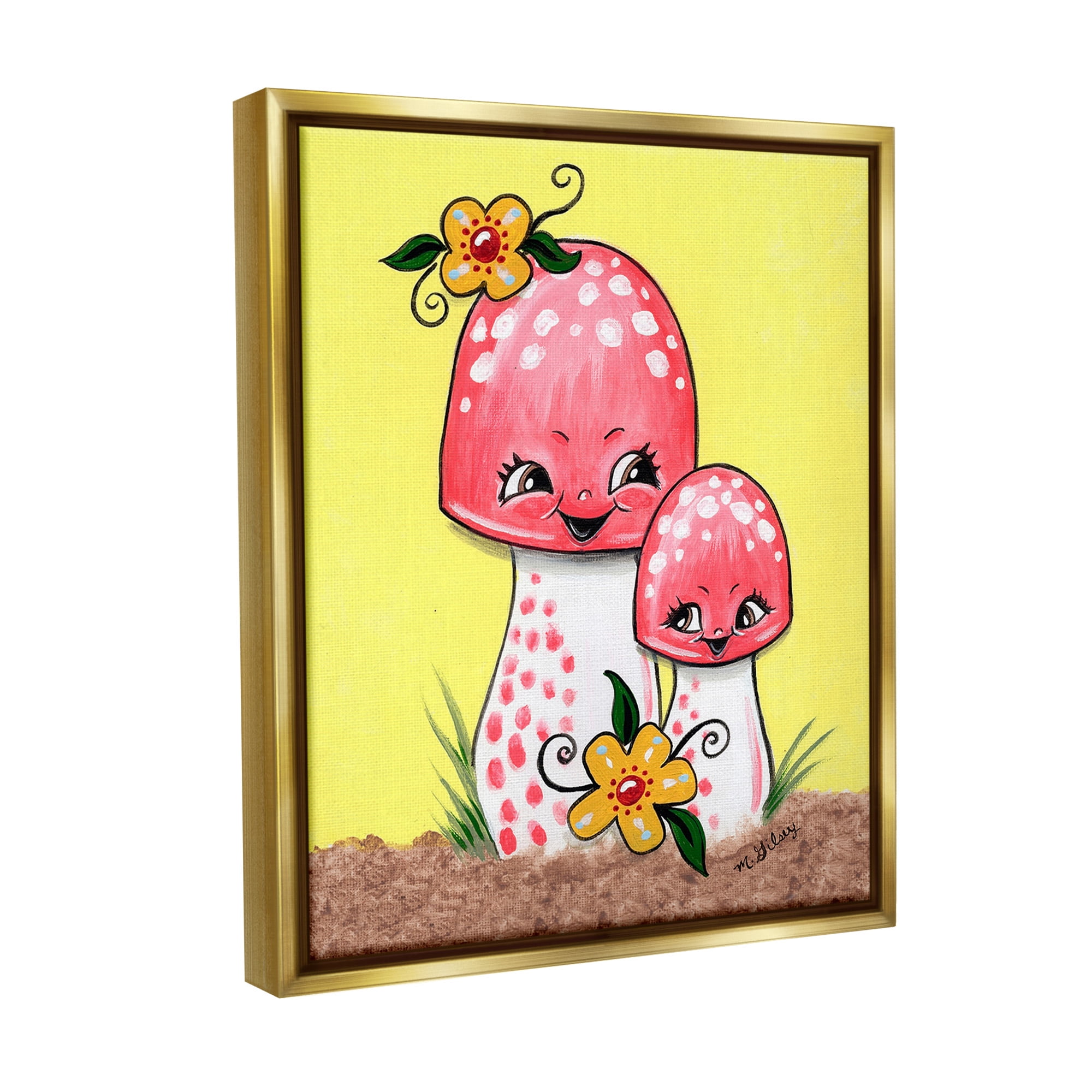 Stupell Industries Happy Mushrooms & Flowers Botanical & Floral Painting Gold Floater Framed Canvas Art Print Wall Art, 25 x 31